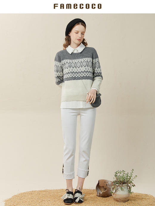 Famecoco范可儿菱形格毛衣女秋冬款圆领套头毛衫羊毛针织F228DB022 商品图4