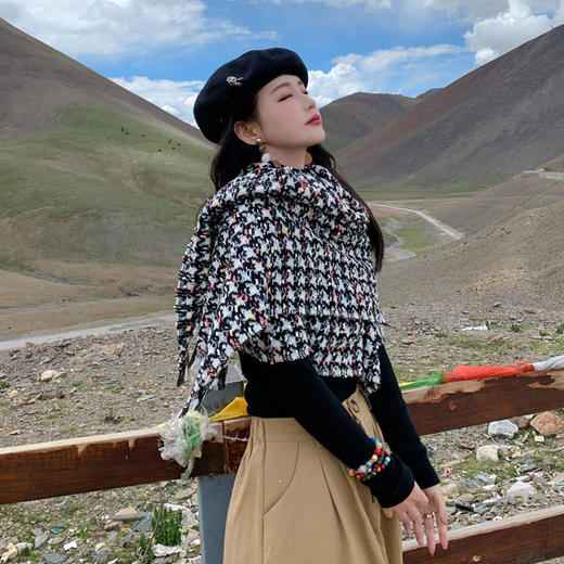 2022秋冬小香风千鸟格仿羊绒围巾女韩版百搭格子披肩流苏保暖围脖 商品图2