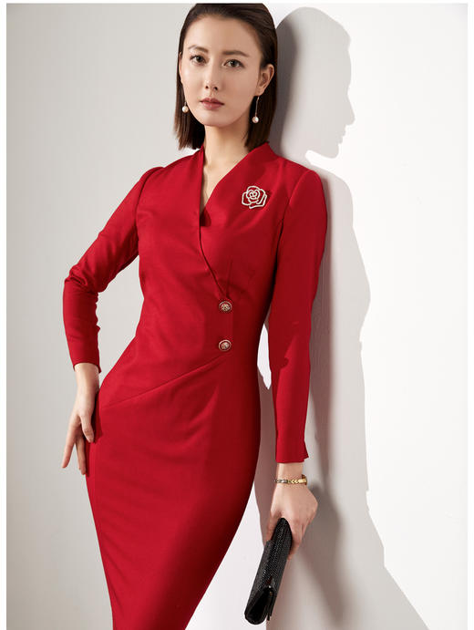 颈袖添香-连衣裙-J20384623A 颈袖添香季新款时尚修身气质红中长款包臀显瘦女士连衣裙 立体 显瘦 修身 商品图2