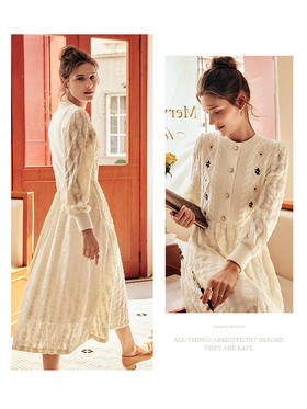 OLrain欧芮儿法式蕾丝连衣裙女春季2025新款收腰磨毛针织拼接裙子