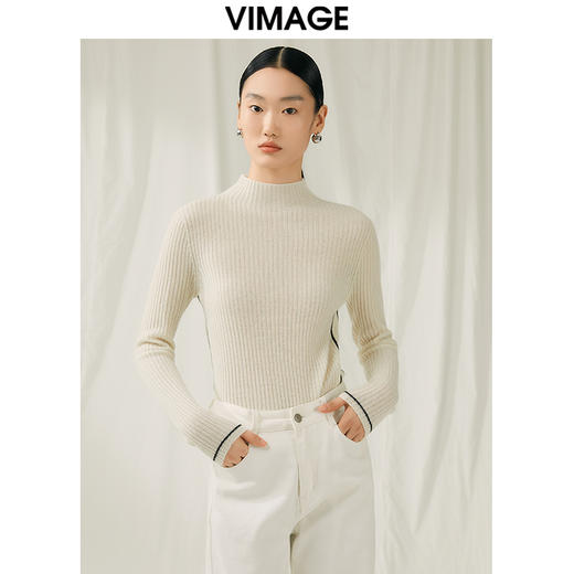 VIMAGE纬漫纪冬季新款100%山羊绒小立领套头纯色打底基础款修身针织衫V1801425 商品图0