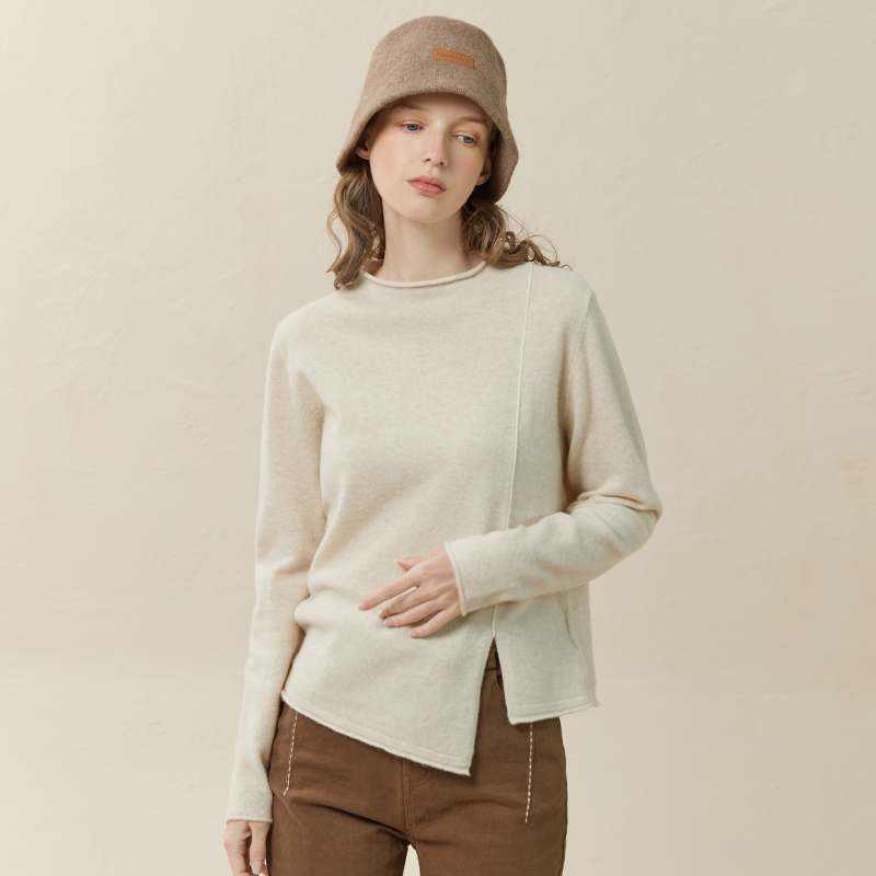 Famecoco范可儿半高领羊毛衫女100纯羊毛冬季不规则开衩毛衣