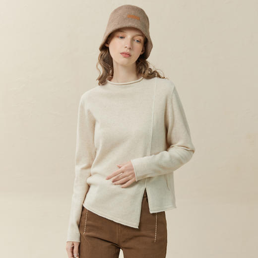 Famecoco范可儿半高领羊毛衫女100纯羊毛冬季不规则开衩毛衣 商品图0