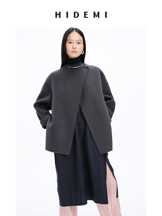 HIDEMI 美利奴双面羊毛不对称设计感翻领大衣 商品图0
