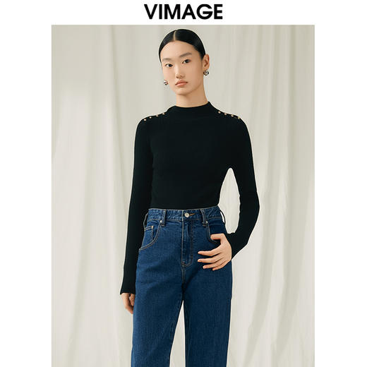 VIMAGE纬漫纪秋新款100%绵羊毛小立领套头纯色薄款打底基础款修身针织衫V1801422 商品图1