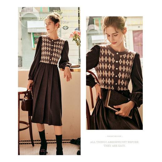 OLrain欧芮儿法式咖色连衣裙女秋季2022新款森系高级感复古茶歇裙 商品图0