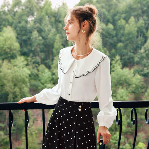 Olrain欧芮儿娃娃领白色上衣女2022年秋季新款短袖法式雪纺衫女 商品图1