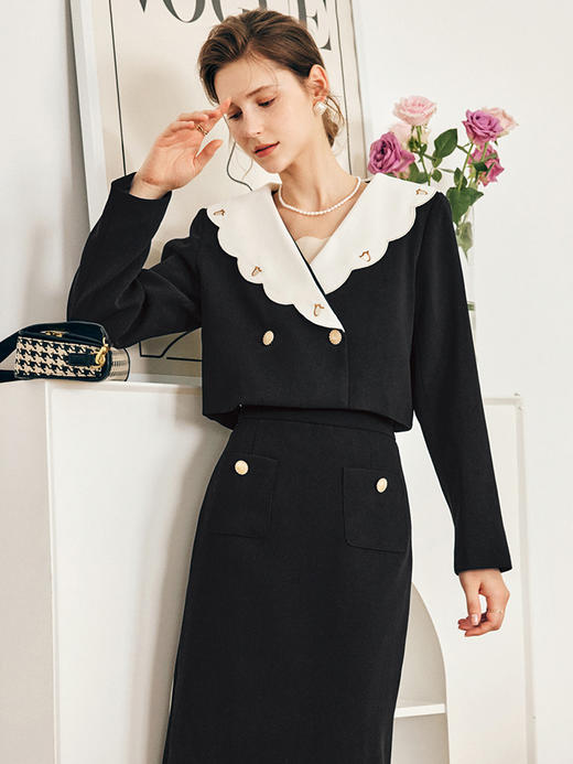 OLrain欧芮儿法式黑色短外套女秋季2022年新款复古气质撞色领上衣 商品图1