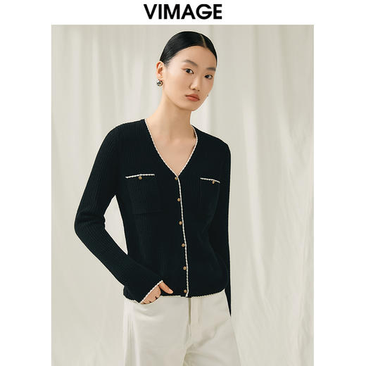 VIMAGE纬漫纪秋季新款100%绵羊毛v领短款撞色时尚通勤气质百搭针织开衫V1801421 商品图7