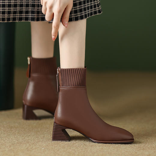 毛线口短靴女英伦方头时装靴，中跟复古瘦瘦靴粗跟LDKG-S5088 商品图3