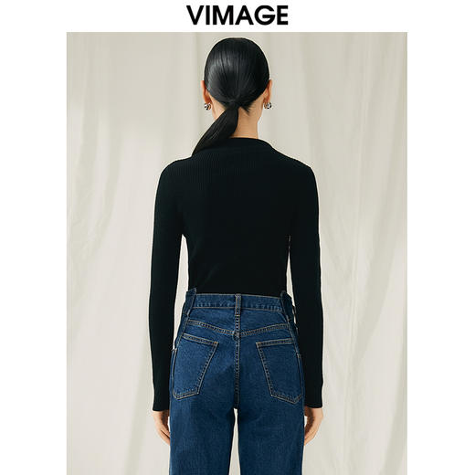 VIMAGE纬漫纪秋新款100%绵羊毛小立领套头纯色薄款打底基础款修身针织衫V1801422 商品图9