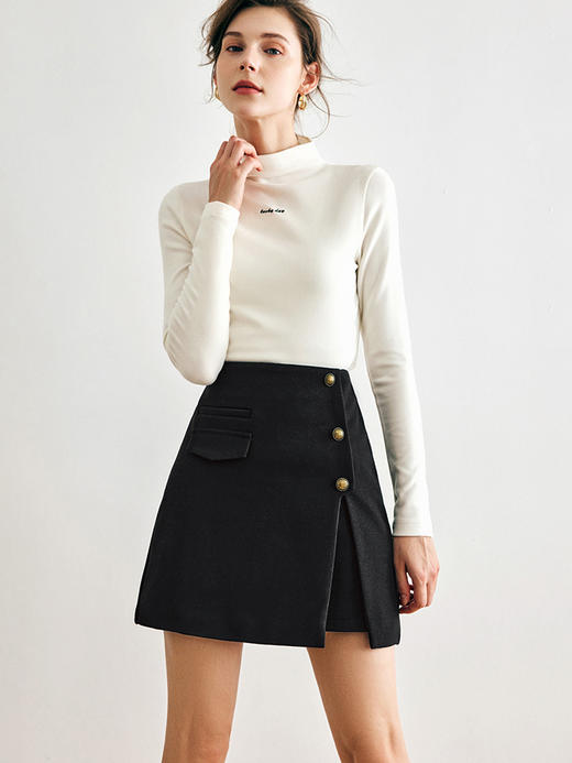 OLrain欧芮儿法式黑色毛呢半身裙女秋季2022新款高腰开叉a字短裙 商品图3