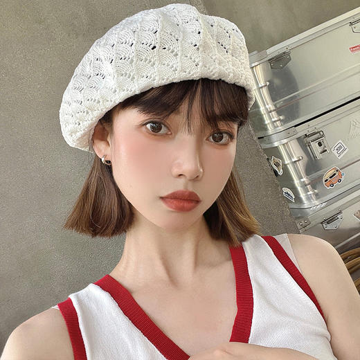 「8款配色」韩版针织镂空贝雷帽 薄款英伦复古画家南瓜八角帽子配饰 商品图2