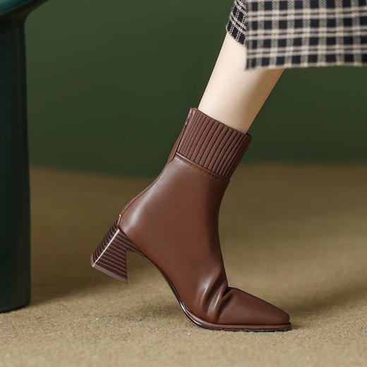 毛线口短靴女英伦方头时装靴，中跟复古瘦瘦靴粗跟LDKG-S5088 商品图4