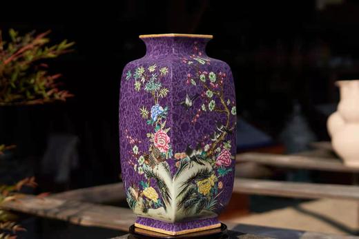 紫色扒花四季花鸟四方瓶 商品图0