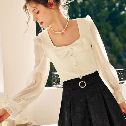 OLrain欧芮儿法式白色方领雪纺蕾丝衫女秋季2022年新款蝴蝶结小衫 商品图3