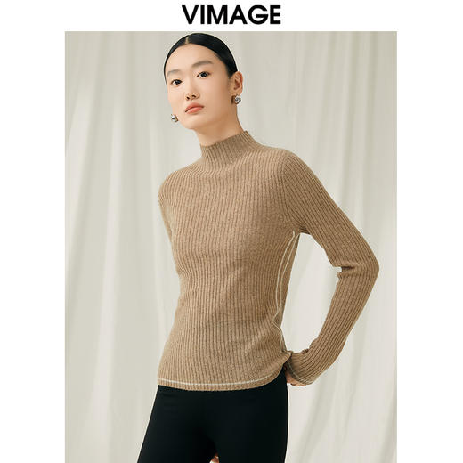 VIMAGE纬漫纪冬季新款100%山羊绒小立领套头纯色打底基础款修身针织衫V1801425 商品图6