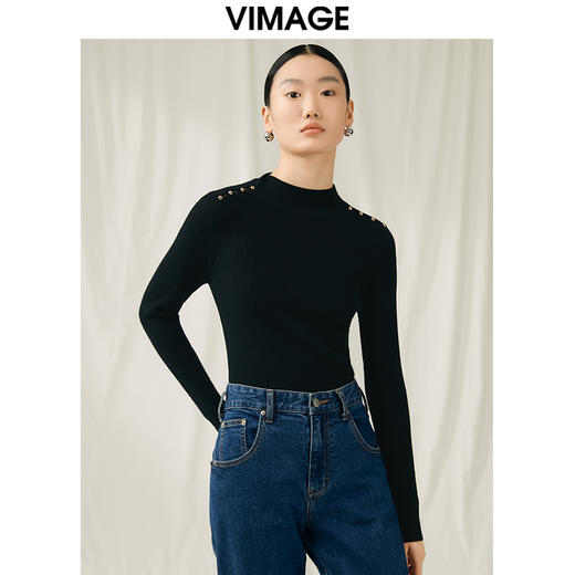 VIMAGE纬漫纪秋新款100%绵羊毛小立领套头纯色薄款打底基础款修身针织衫V1801422 商品图8
