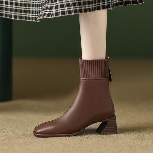 毛线口短靴女英伦方头时装靴，中跟复古瘦瘦靴粗跟LDKG-S5088 商品图2