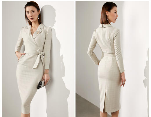 颈袖添香-连衣裙-J20384556A 装新款通勤修身女士气质时尚名媛长袖职场包臀连衣裙 商品图4