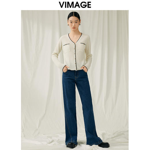 VIMAGE纬漫纪秋季新款100%绵羊毛v领短款撞色时尚通勤气质百搭针织开衫V1801421 商品图2