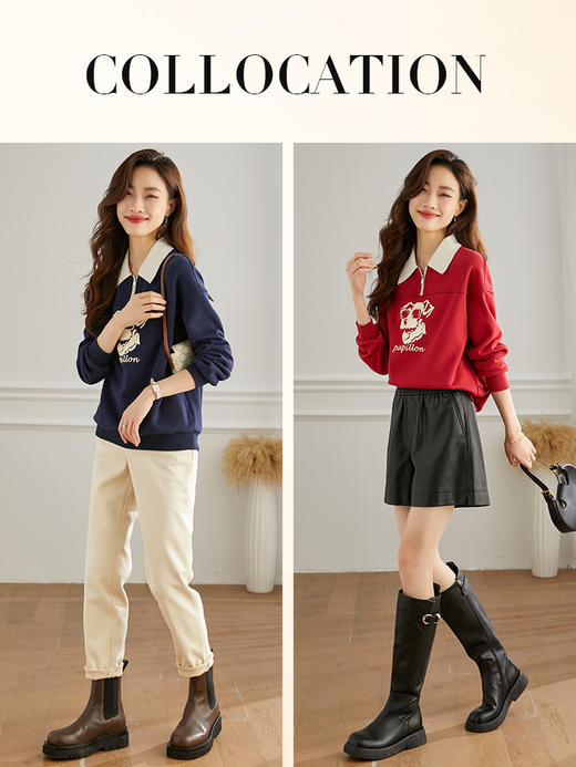 【年货节】熙世界假两件撞色翻领卫衣女加绒宽松设计感套头上衣秋冬新款 商品图4