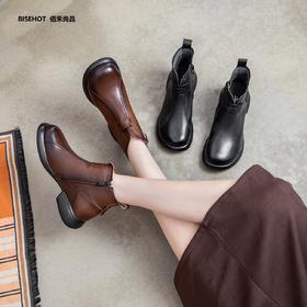 新品厚绒圆头百搭舒适牛皮矮靴933B25505