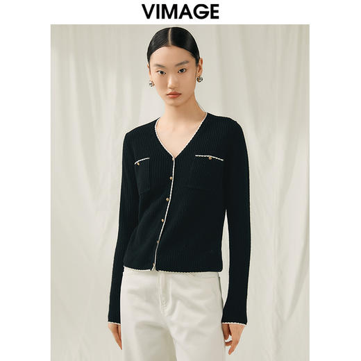 VIMAGE纬漫纪秋季新款100%绵羊毛v领短款撞色时尚通勤气质百搭针织开衫V1801421 商品图8