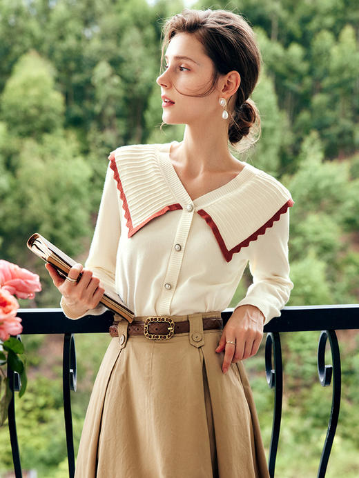 OLrain欧芮儿法式大翻领针织衫女秋季2022新款撞色温柔系穿搭上衣 商品图3