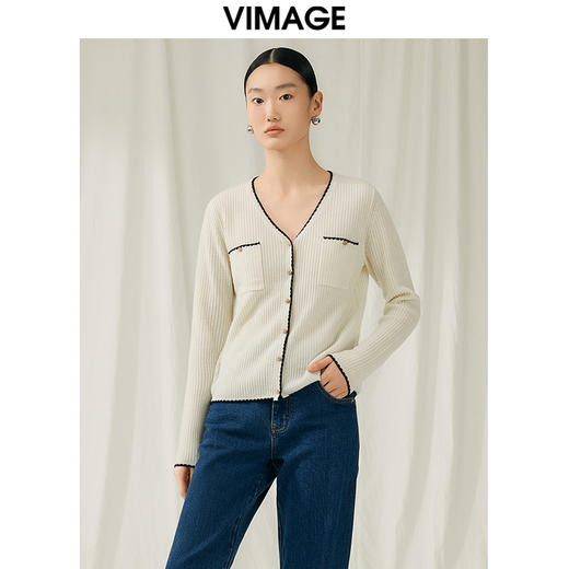 VIMAGE纬漫纪秋季新款100%绵羊毛v领短款撞色时尚通勤气质百搭针织开衫V1801421 商品图4