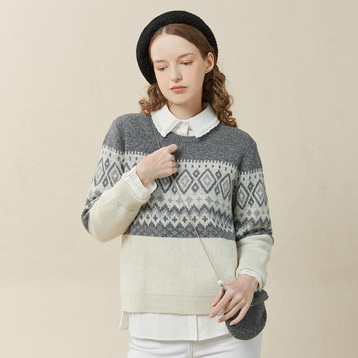 Famecoco范可儿菱形格毛衣女秋冬款圆领套头毛衫羊毛针织F228DB022 商品图0