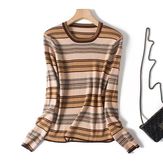 赛兔2022年新款螺纹低圆领长袖条纹紧身打底衫 商品图1