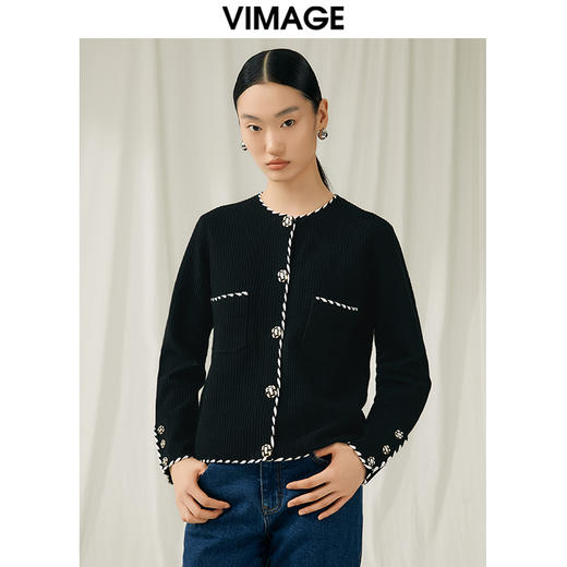 VIMAGE纬漫纪秋季新款撞色时尚通勤气质百搭针织开衫V1801426 商品图1
