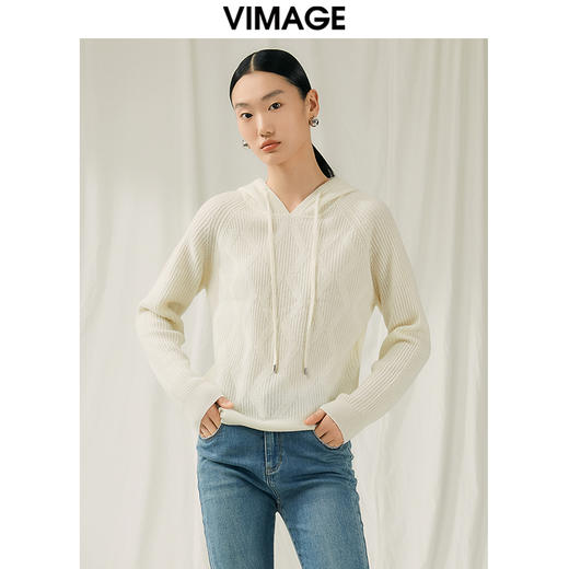 VIMAGE纬漫纪秋冬新款100%绵羊毛套头纯色连帽针织衫V1801424 商品图3