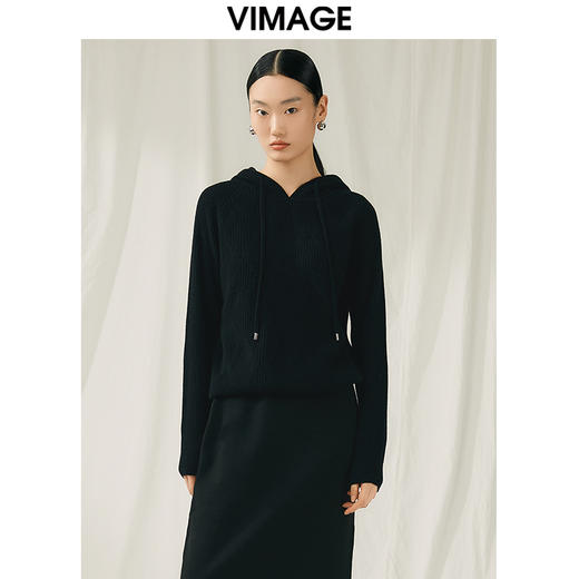 VIMAGE纬漫纪秋冬新款100%绵羊毛套头纯色连帽针织衫V1801424 商品图1
