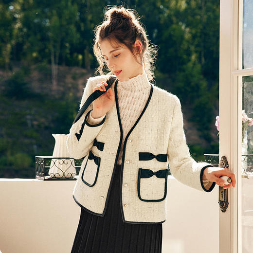 OLrain欧芮儿法式小香风短外套女秋季2025年新款蝴蝶结粗花呢上衣 商品图1