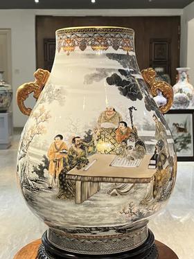 墨彩描金人物双耳福筒