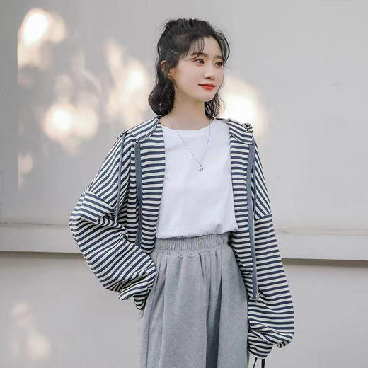 秋装薄款连帽拉链卫衣女宽松显瘦条纹长袖外套运动上衣韩国女装 商品图2