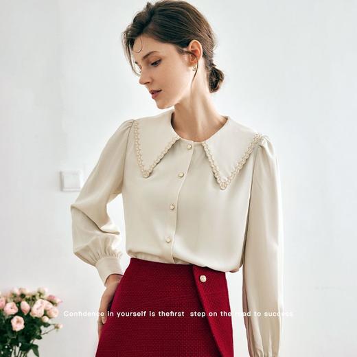 OLrain欧芮儿法式杏色长袖衬衫女秋季2022年新款减龄刺绣翻领衬衣 商品图1