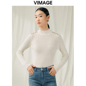 VIMAGE纬漫纪秋新款100%绵羊毛小立领套头纯色薄款打底基础款修身针织衫V1801422