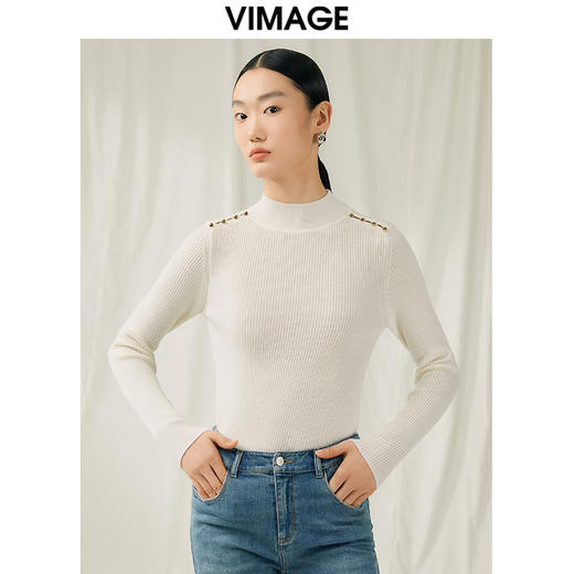 VIMAGE纬漫纪秋新款100%绵羊毛小立领套头纯色薄款打底基础款修身针织衫V1801422 商品图0