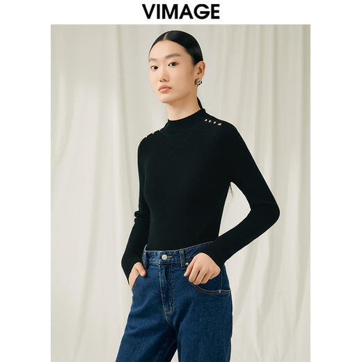 VIMAGE纬漫纪秋新款100%绵羊毛小立领套头纯色薄款打底基础款修身针织衫V1801422 商品图7
