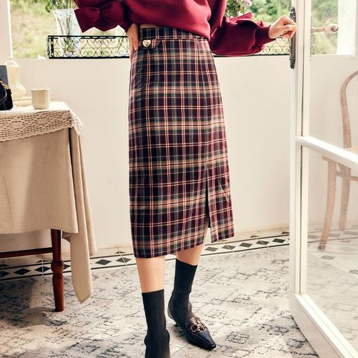 OLrain欧芮儿法式格纹半身裙女秋季2022新款高腰复古直筒开叉裙 商品图1