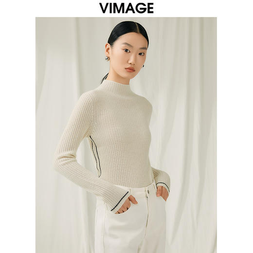VIMAGE纬漫纪冬季新款100%山羊绒小立领套头纯色打底基础款修身针织衫V1801425 商品图2