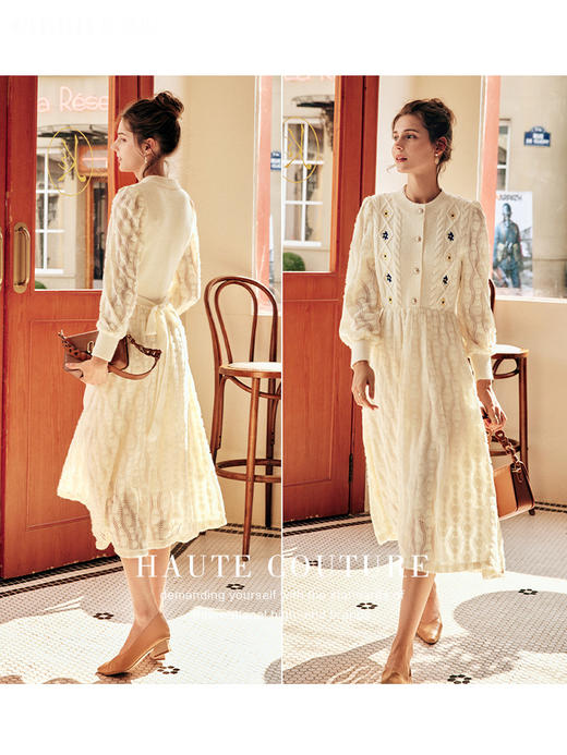 OLrain欧芮儿法式蕾丝连衣裙女春季2025新款收腰磨毛针织拼接裙子 商品图3