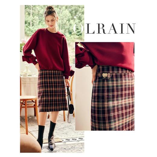 OLrain欧芮儿法式格纹半身裙女秋季2022新款高腰复古直筒开叉裙 商品图0