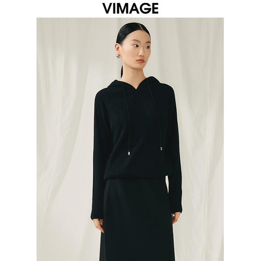 VIMAGE纬漫纪秋冬新款100%绵羊毛套头纯色连帽针织衫V1801424 商品图7
