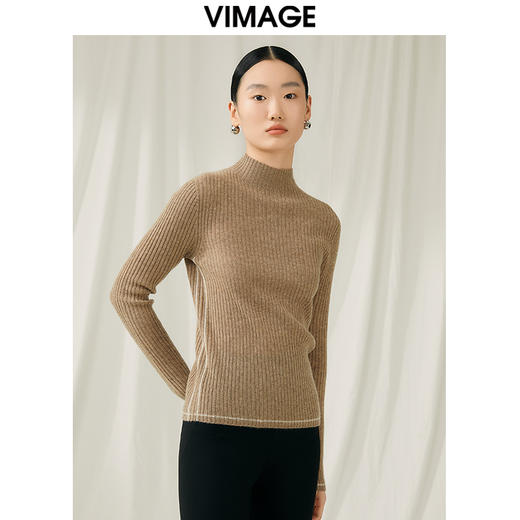 VIMAGE纬漫纪冬季新款100%山羊绒小立领套头纯色打底基础款修身针织衫V1801425 商品图7