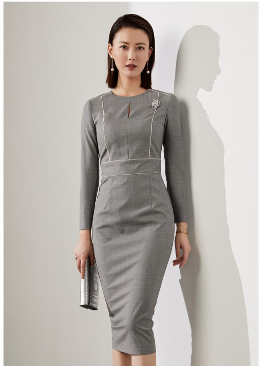 颈袖添香-连衣裙-J20484595A 颈袖添香新款时尚羊毛缎面礼服气质修身包臀职场连衣裙 商品图1