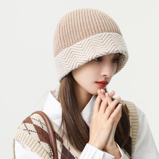 「10款配色！双拼色大帽檐」韩版秋冬款光版帽子 女拼色毛线针织帽配饰 商品图1